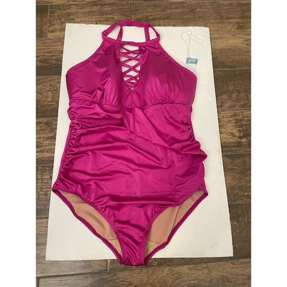 Swim By Cacique Size 16 Lightly Lined No Wire Pink High Neck One Piece Swim New - Picture 7 of 12